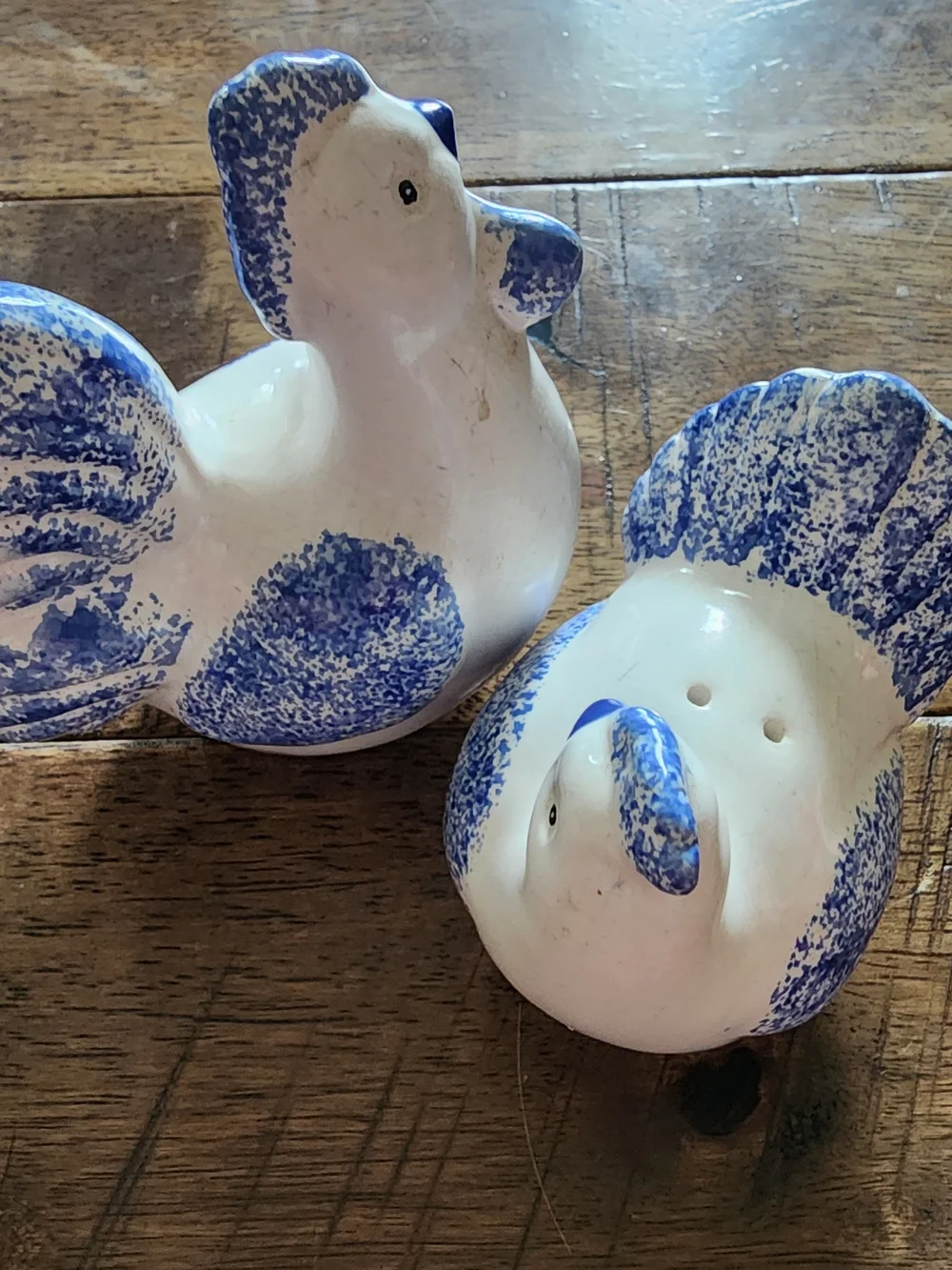 Vtg Blue & White Chickens Speckled Ceramic Salt and Pepper Shaker Set